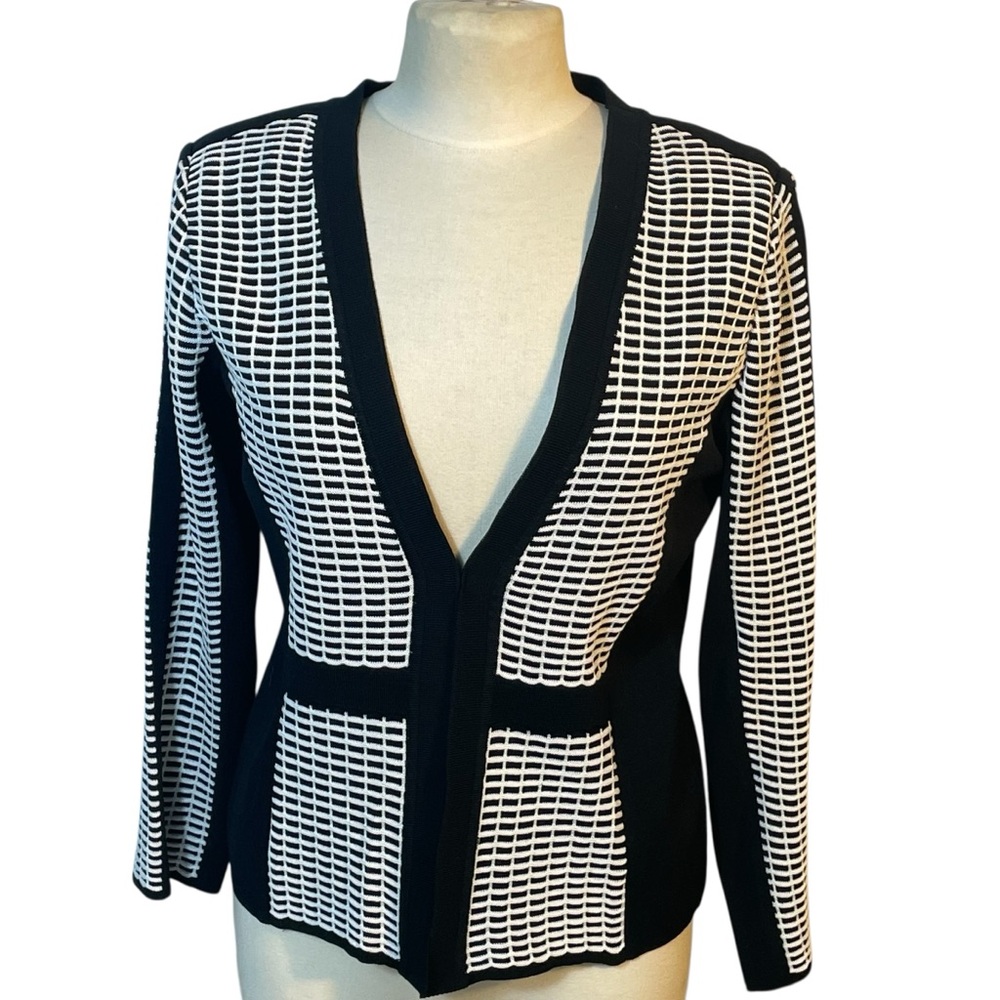 Ming Wang Black White Knit Grid Checkered Career Classic Cardigan Sweater Sz S